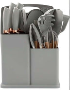 19-Piece Silicone Cooking Utensils & Knife Set | Grey Kitchen Tools with Knives, Cutting Board, & Storage Block