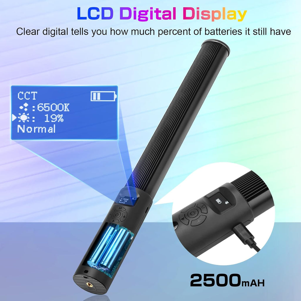 FM-128 RGB LED Light Wand – Adjustable Color & Brightness (2500K–6500K), 12 Scene Effects, Built-in Battery for Photography, Vlogging & Creative Lighting
