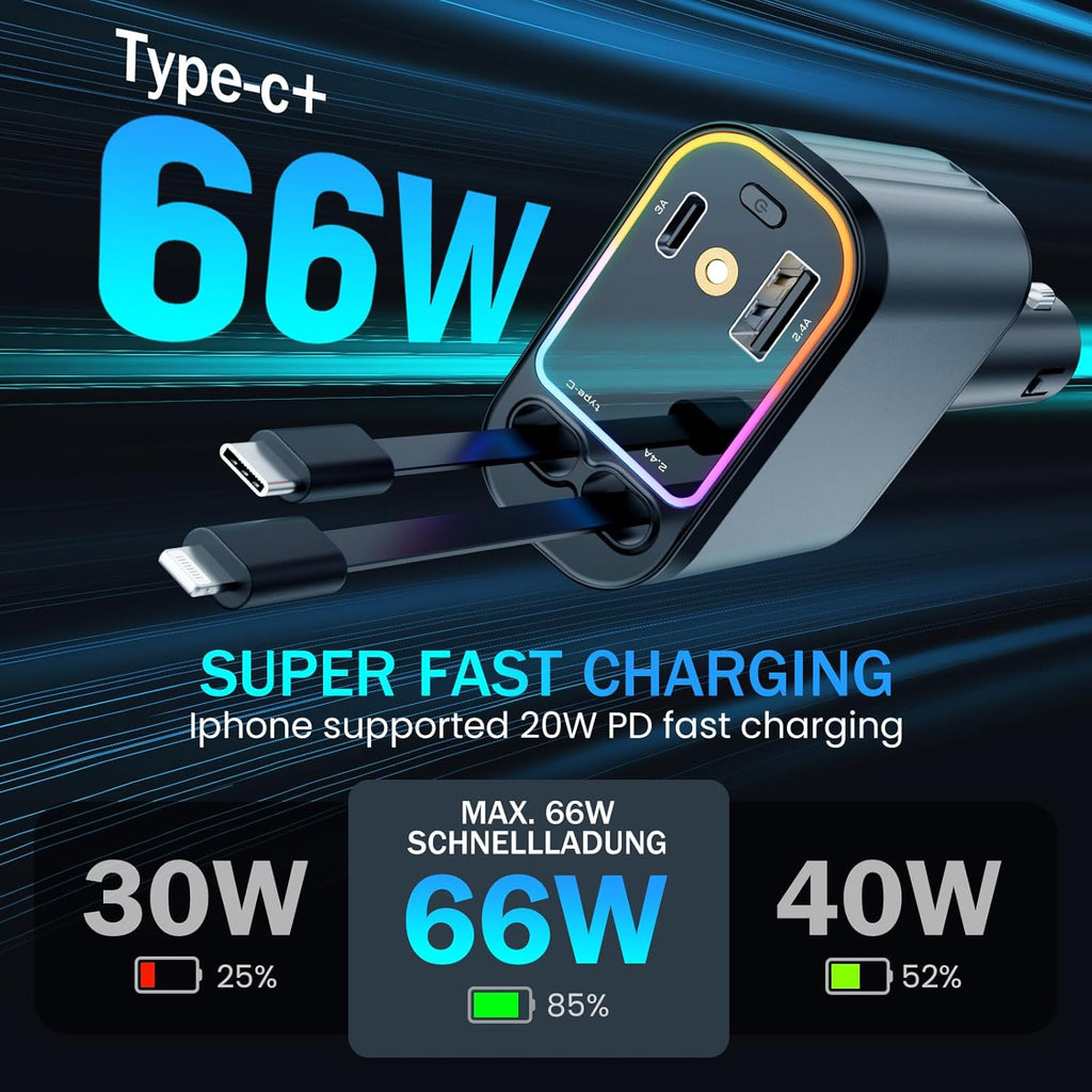 Fast 60W Car Charger with Starlight Roof, 4-in-1 Retractable USB-C Adapter, Dual USB Ports, Compatible with iPhone, Android, Tablets & More