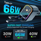 Fast 60W Car Charger with Starlight Roof, 4-in-1 Retractable USB-C Adapter, Dual USB Ports, Compatible with iPhone, Android, Tablets & More