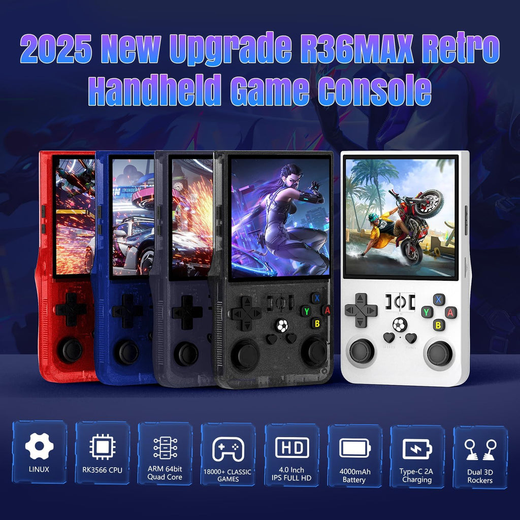 R36MAX Retro Handheld Console - 128GB/22,000 Games, 4" 4K IPS Screen, Open Source Linux System, Portable Classic Gaming (Multi-Colour)