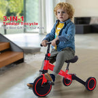 3-in-1 Kids Tricycle Toddler Bike | Adjustable Seat, Handlebar, & Removable Pedals | Red