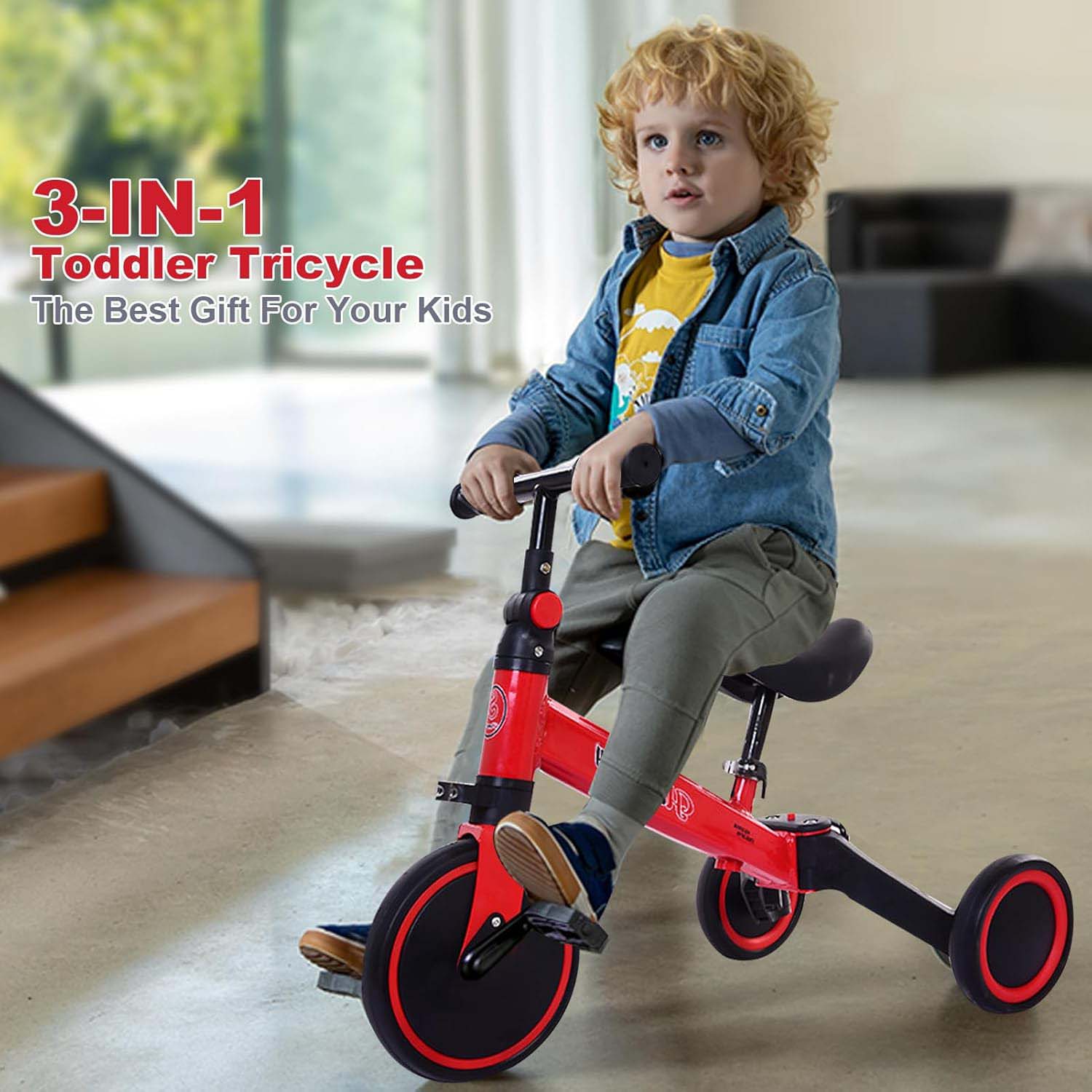 3-in-1 Kids Tricycle Toddler Bike | Adjustable Seat, Handlebar, & Removable Pedals | Red