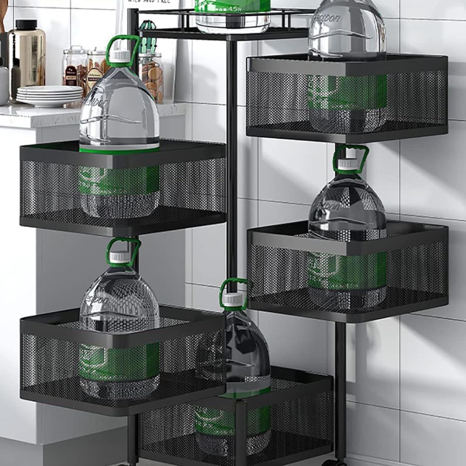 5-Layer Mobile Storage Rack | Rotatable Basket Organizer with Wheels | Elegant Black Finish | 92cm