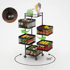5-Layer Mobile Storage Rack | Rotatable Basket Organizer with Wheels | Elegant Black Finish | 92cm