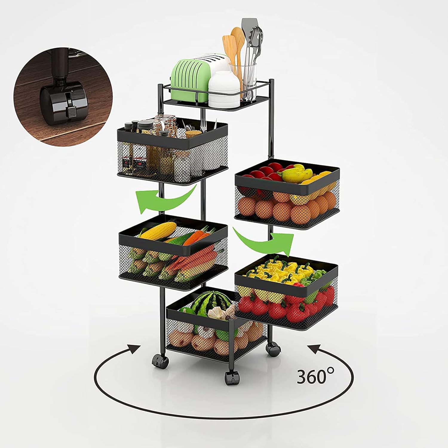 5-Layer Mobile Storage Rack | Rotatable Basket Organizer with Wheels | Elegant Black Finish | 92cm