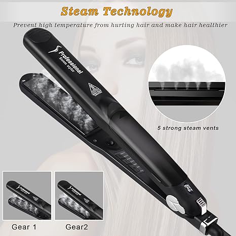 Professional Steam Ceramic Hair Straightener & Curling Iron | 3-in-1 Ionic Vapor Styler