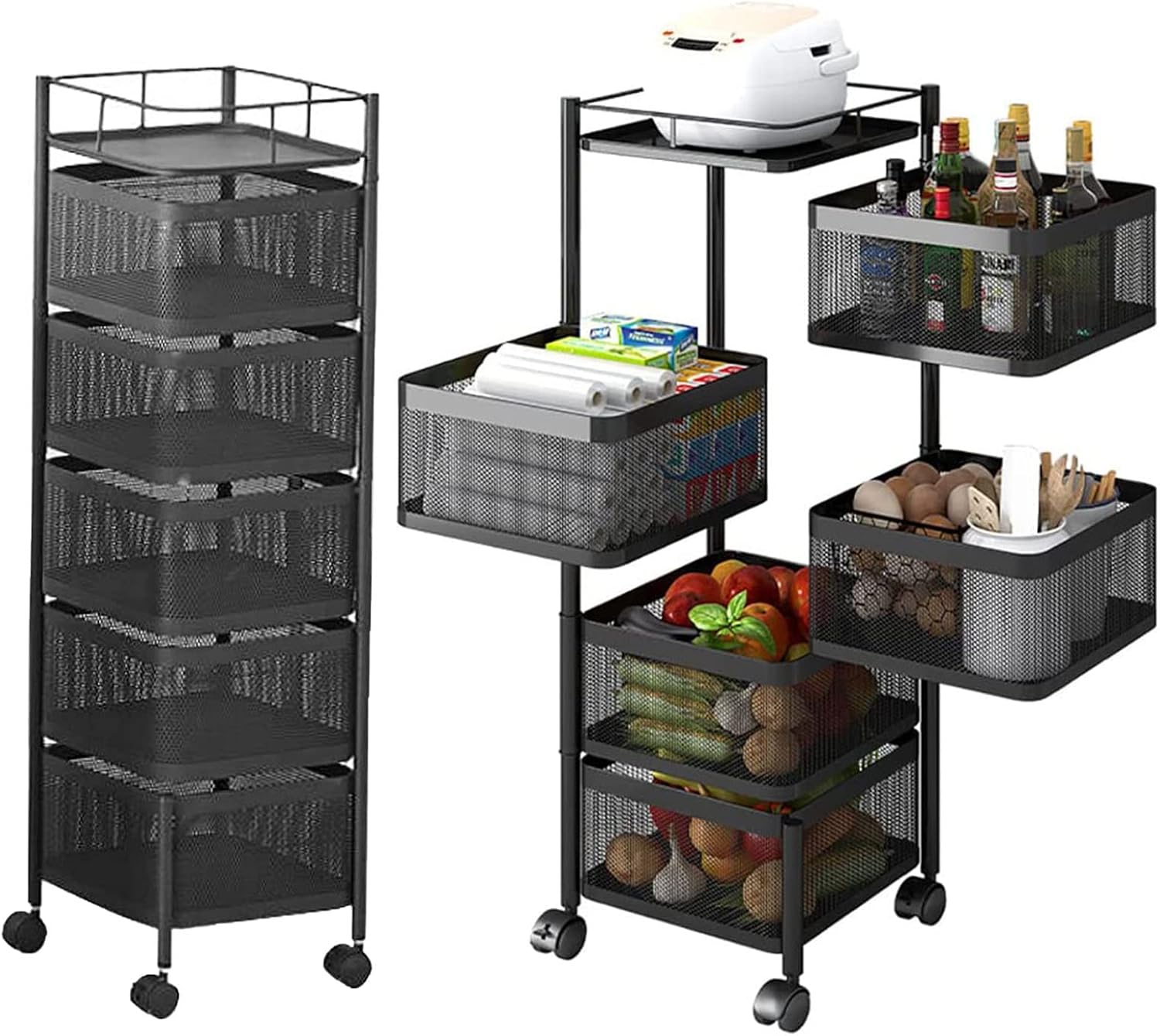 5-Layer Mobile Storage Rack | Rotatable Basket Organizer with Wheels | Elegant Black Finish | 92cm