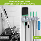 Wall-Mounted Mop Holder | 6 Hooks & 5 Clamps | Organize Mops, Brooms, and Tools
