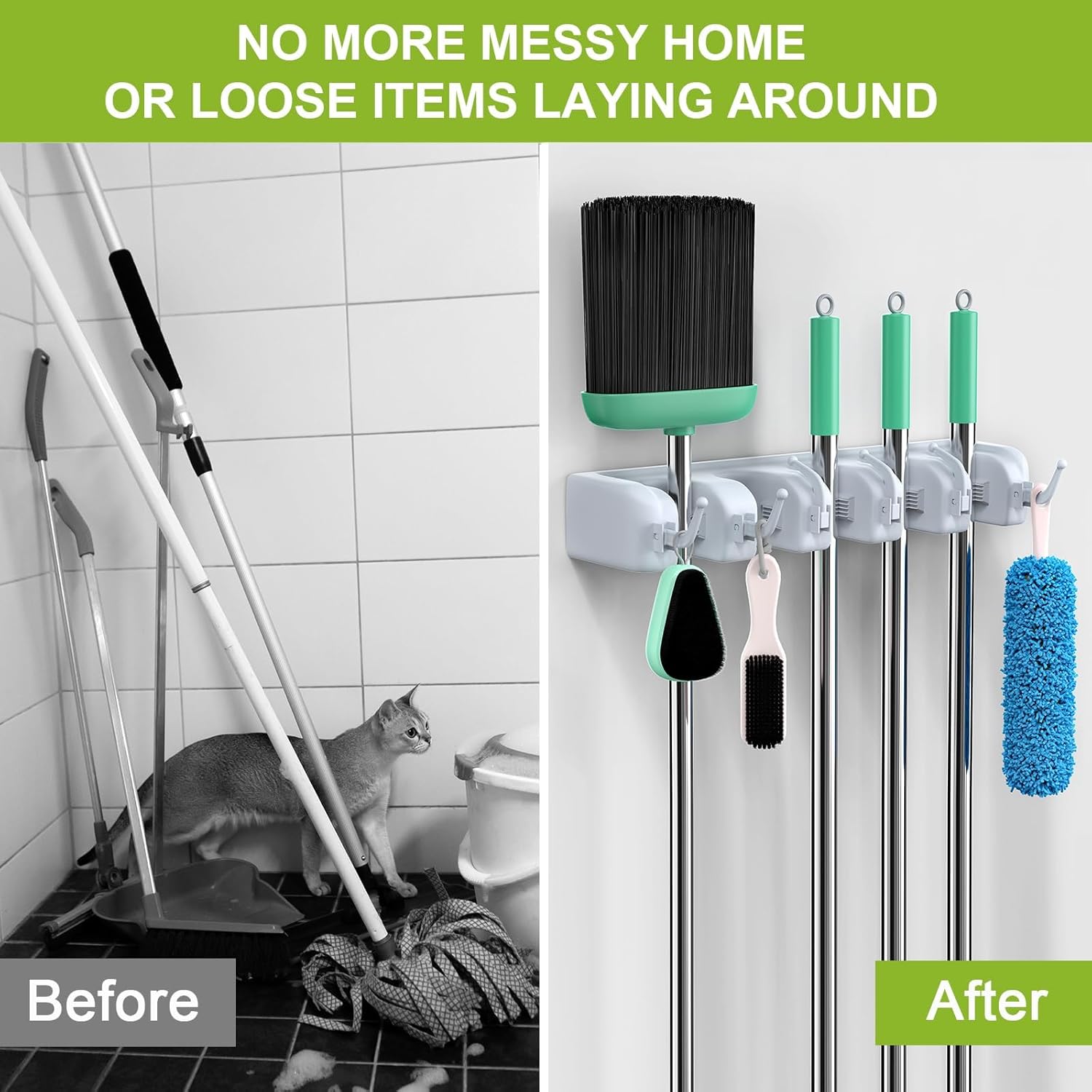 Wall-Mounted Mop Holder | 6 Hooks & 5 Clamps | Organize Mops, Brooms, and Tools