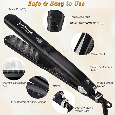 Professional Steam Ceramic Hair Straightener & Curling Iron | 3-in-1 Ionic Vapor Styler