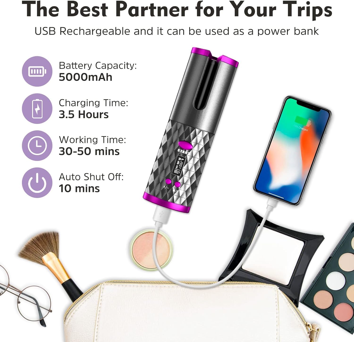 Cordless Hair Curler | Automatic Rotating Hair Curling Iron | Heatless Technology with 3 Temperature & Timer Settings