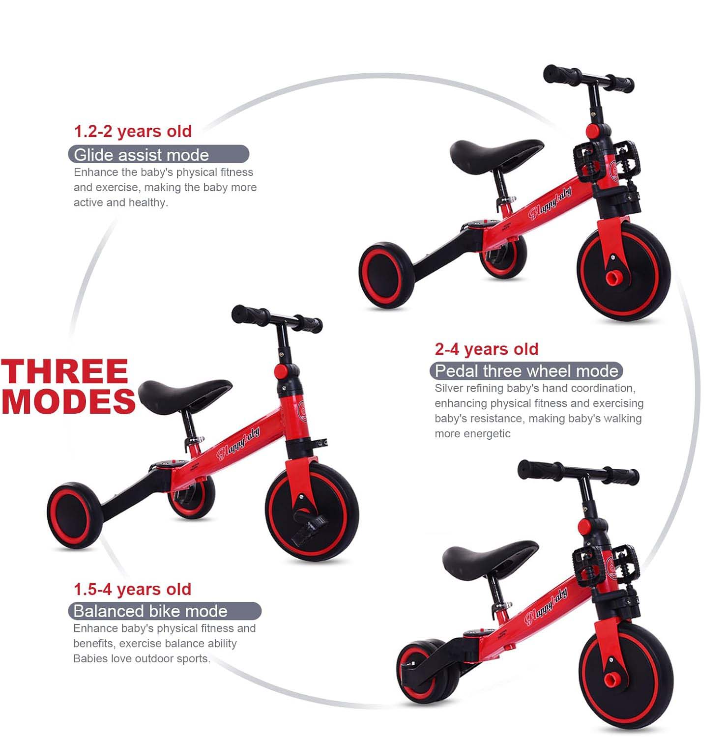 3-in-1 Kids Tricycle Toddler Bike | Adjustable Seat, Handlebar, & Removable Pedals | Red