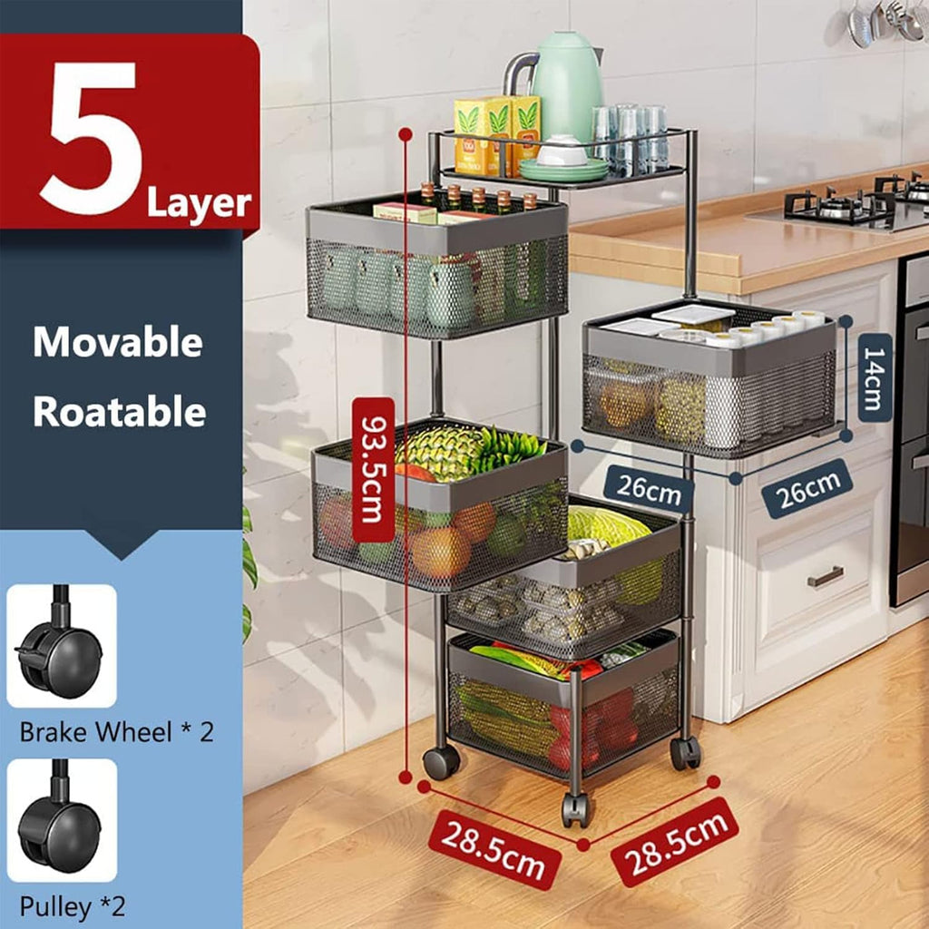 5-Layer Mobile Storage Rack | Rotatable Basket Organizer with Wheels | Elegant Black Finish | 92cm