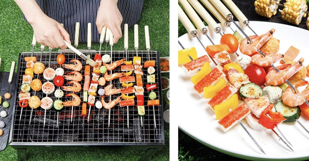 6 Pcs Kebab Skewers | Stainless Steel BBQ Skewers with Wooden Handle | Reusable Kabab Sticks