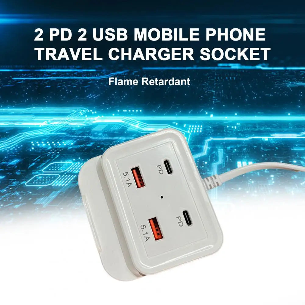 Intelligent USB Power Strip Plug with Dual PD & USB Ports | 5.1A Multi-Port Fast Charging Power Supply | US/EU Plug, 4 USB Output Ports for Safe Charging