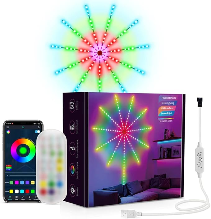 Smart Firework LED Lights | USB Powered Room Decor with Color Changing Fireworks & RGB Strip | Remote & App Control