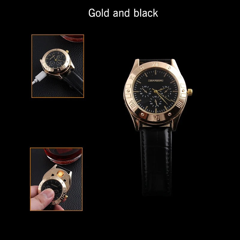 Cigarette Lighter Watch | Golden USB Rechargeable Casual Watch with Heating Wire Lighter for Men | Stylish & Functional Accessory