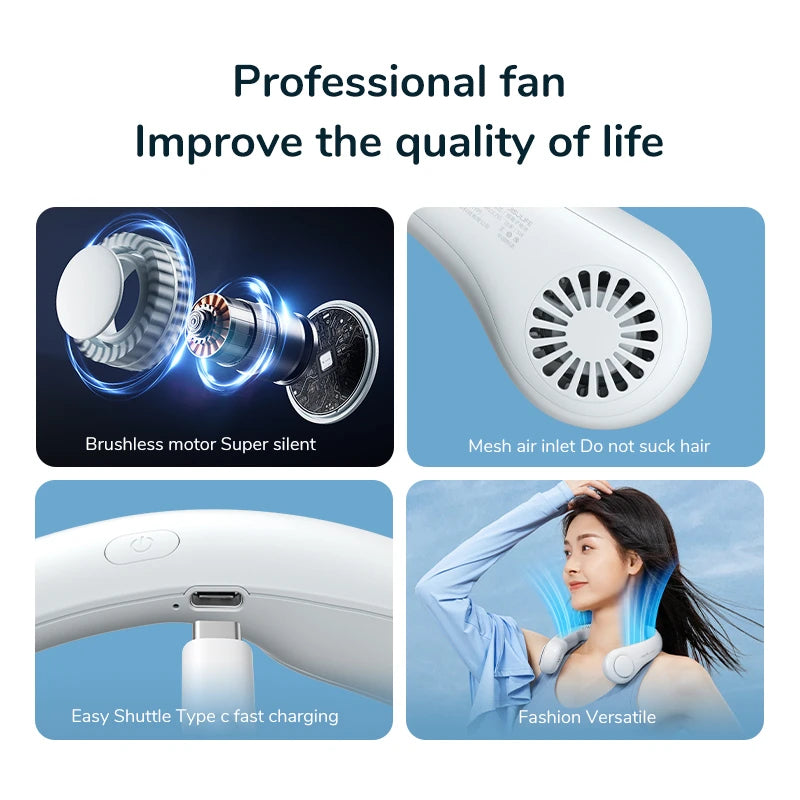 Mini Neck Fan – Bladeless, Rechargeable Personal Cooler with 3-Speed Settings, Portable Air Circulator, Hands-Free Design for Outdoor, Sports, Summer Comfort