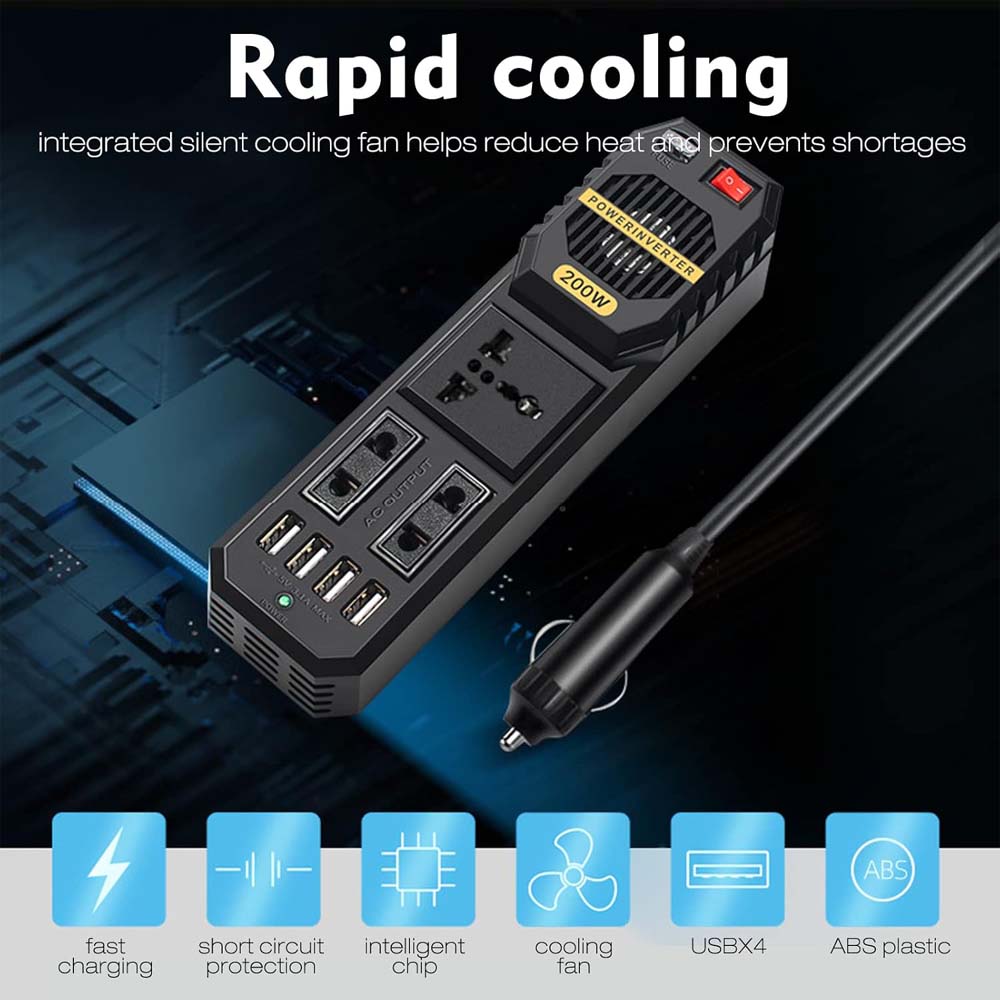 200W Car Power Inverter | DC 12V to AC 220V Converter with Dual AC Outlets, 4 USB Charging Ports & Cigarette Lighter Socket for Travel & Road Trips