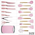19-Piece Silicone Cooking Utensils & Knife Set | Includes Utensils, Knives, Cutting Board & Block | Stylish Pink Design