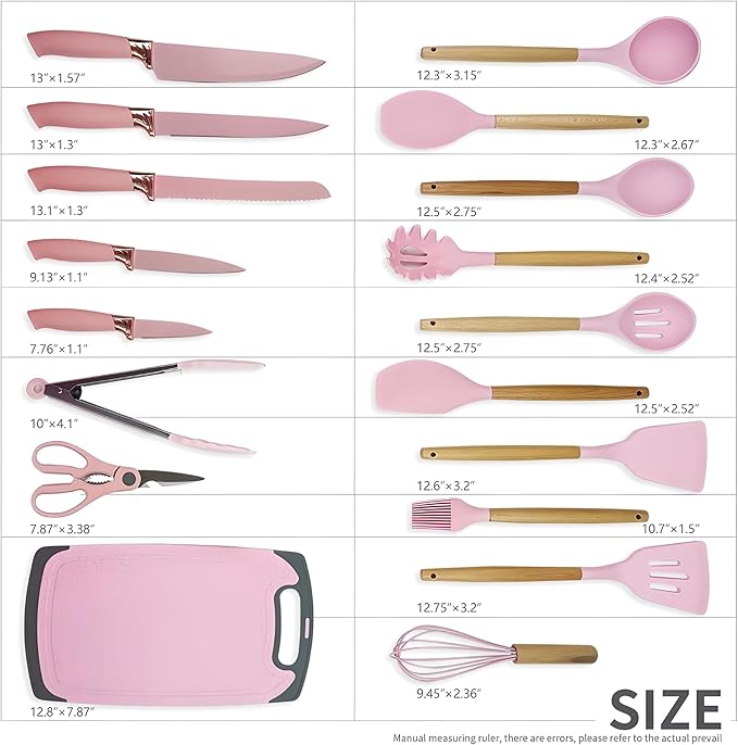 19-Piece Silicone Cooking Utensils & Knife Set | Includes Utensils, Knives, Cutting Board & Block | Stylish Pink Design