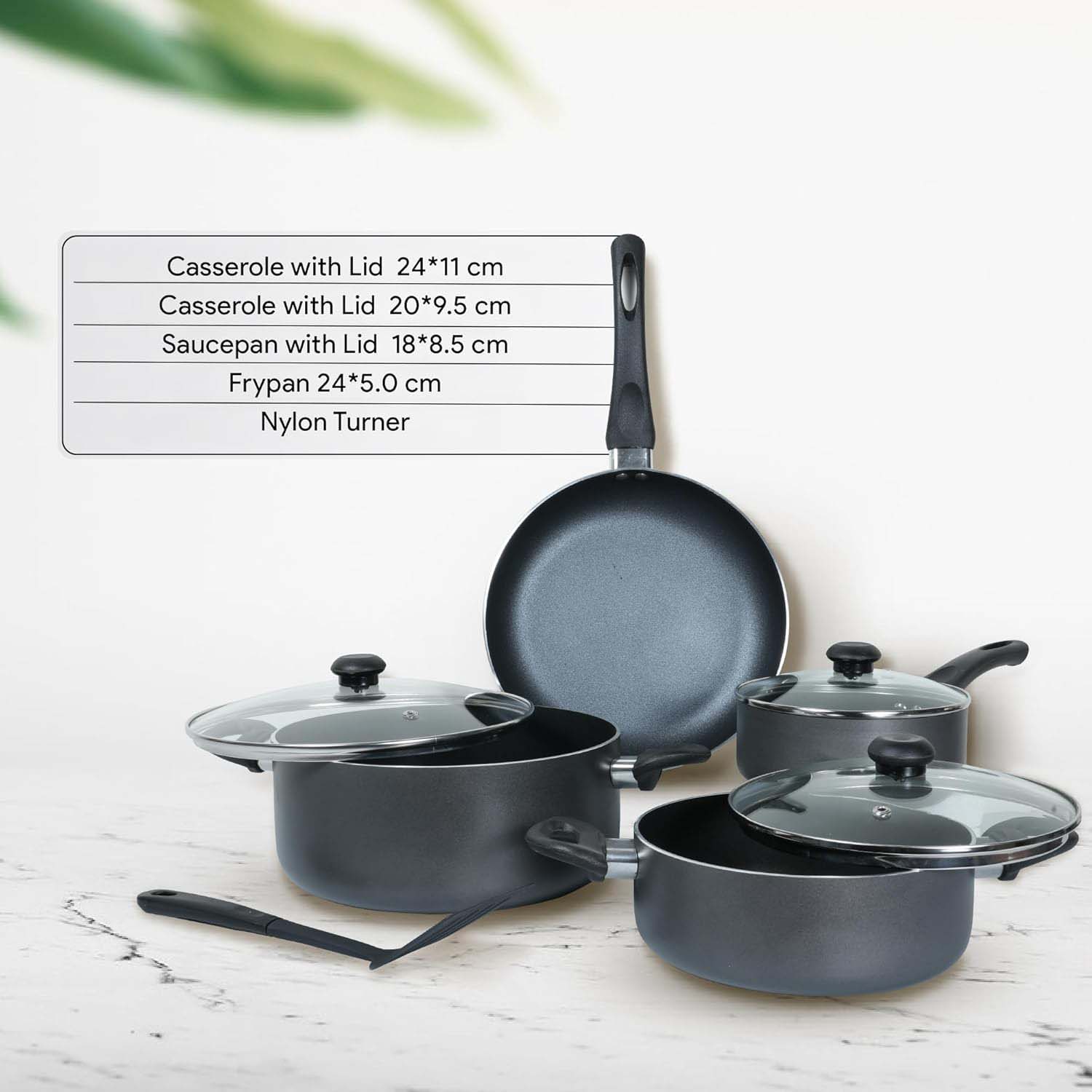 10-Piece Nonstick Cookware Set - Aluminum, Glass Lids, Casserole, Saucepan, Frypan, Nylon Turner, Dishwasher Safe (Black)