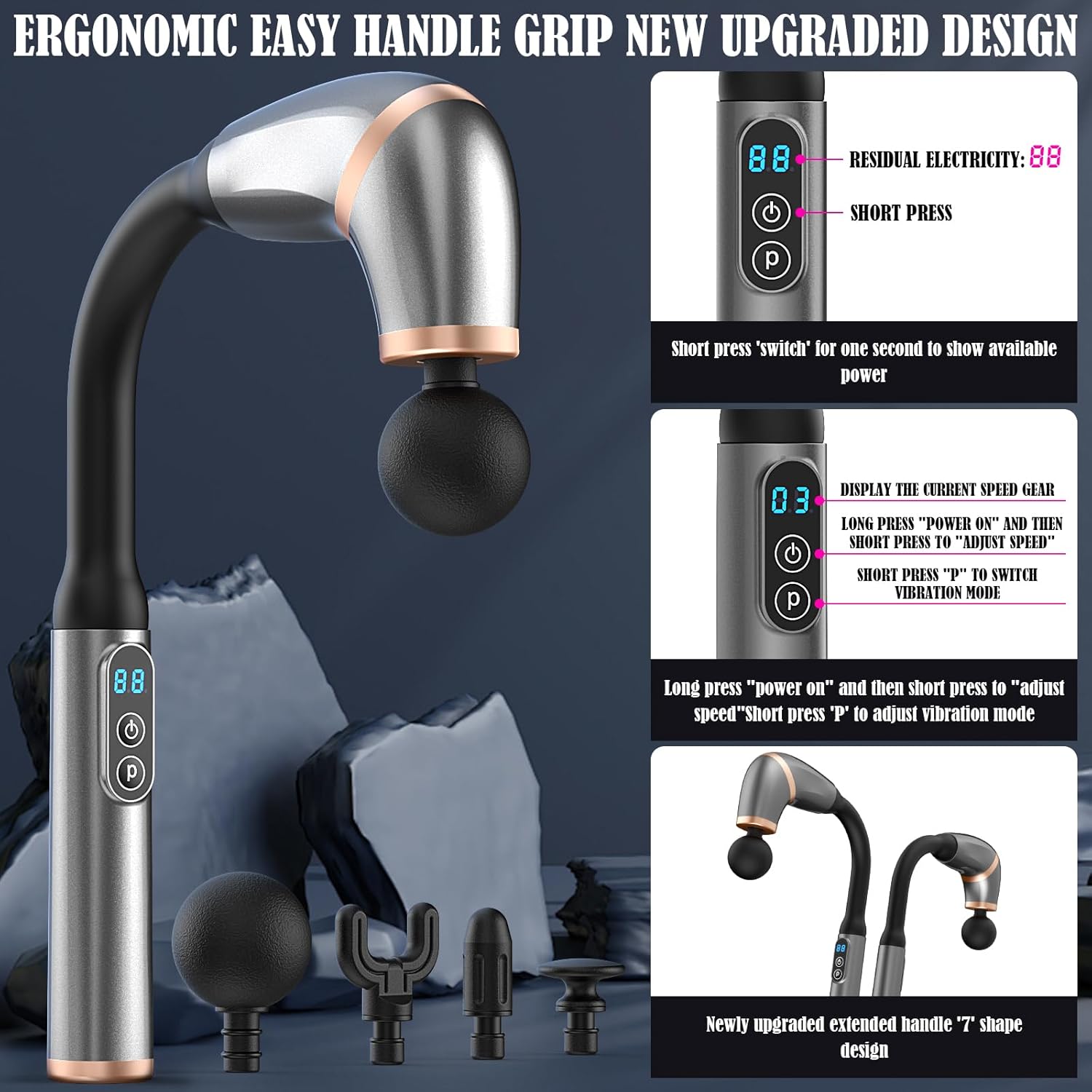 Extended Handle Massage Gun – Long Handheld Deep Tissue Massager for Full-Body Muscle Relief and Recovery