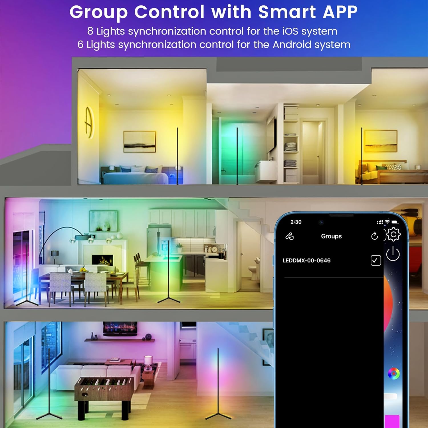 Smart RGB LED Floor Lamp, 62.2” Corner Light with APP & Remote Control, Music Sync & Timer, Modern Color-Changing LED Lamp for Home, Office, and Entertainment