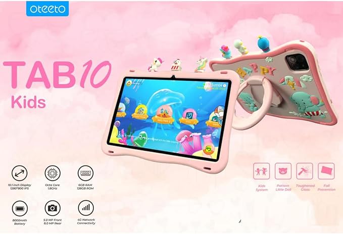 Tab10 10.1 Inch Kids Tablet - 6GB RAM, 128GB ROM, 8000 mAh Battery, Durable Design with Parental Controls and Educational Apps for Fun & Learning
