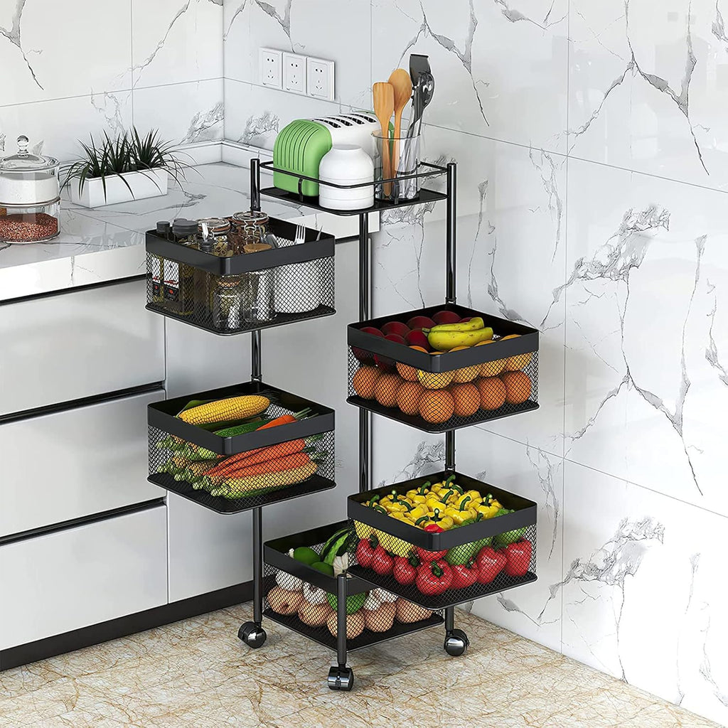 5-Layer Mobile Storage Rack | Rotatable Basket Organizer with Wheels | Elegant Black Finish | 92cm