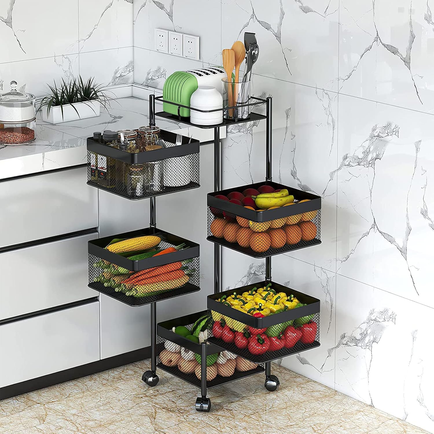 5-Layer Mobile Storage Rack | Rotatable Basket Organizer with Wheels | Elegant Black Finish | 92cm