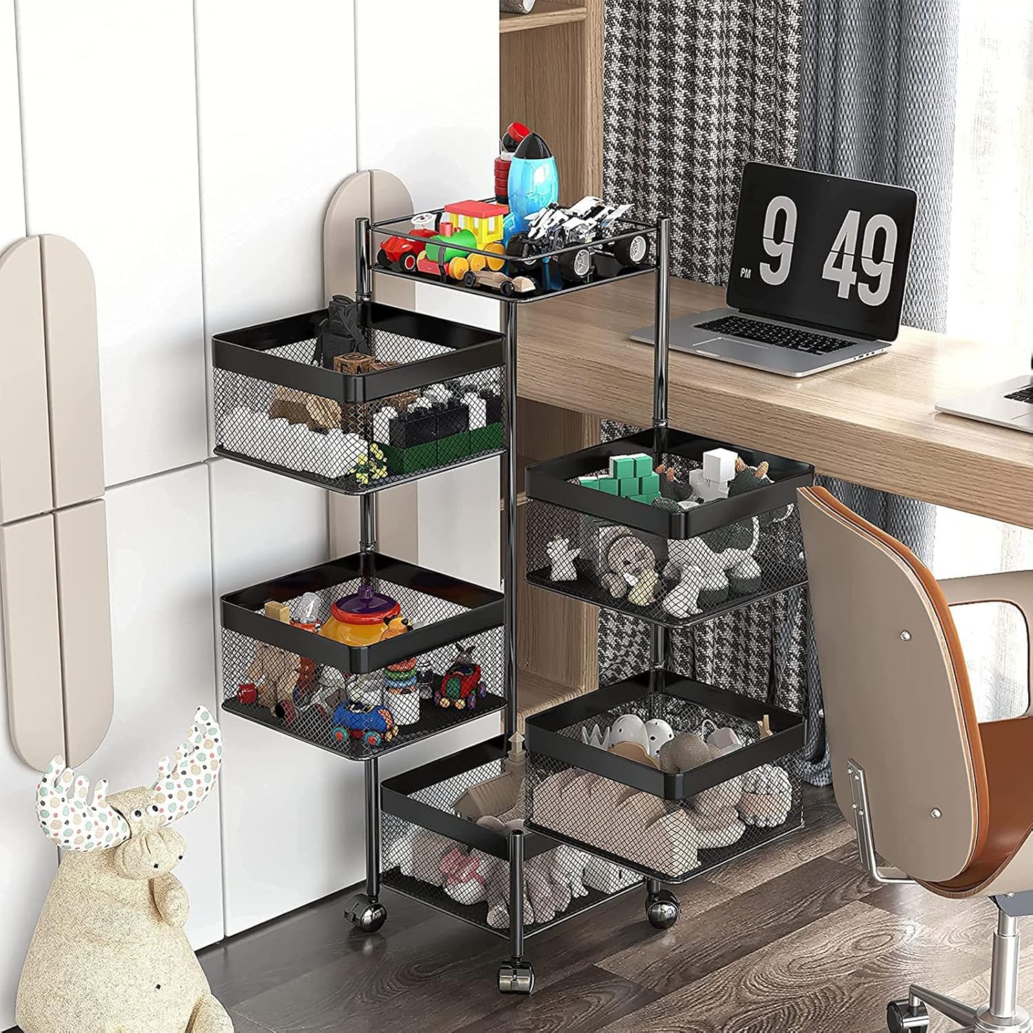 5-Layer Mobile Storage Rack | Rotatable Basket Organizer with Wheels | Elegant Black Finish | 92cm