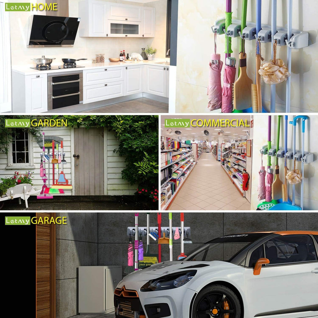 Wall-Mounted Mop Holder | 6 Hooks & 5 Clamps | Organize Mops, Brooms, and Tools