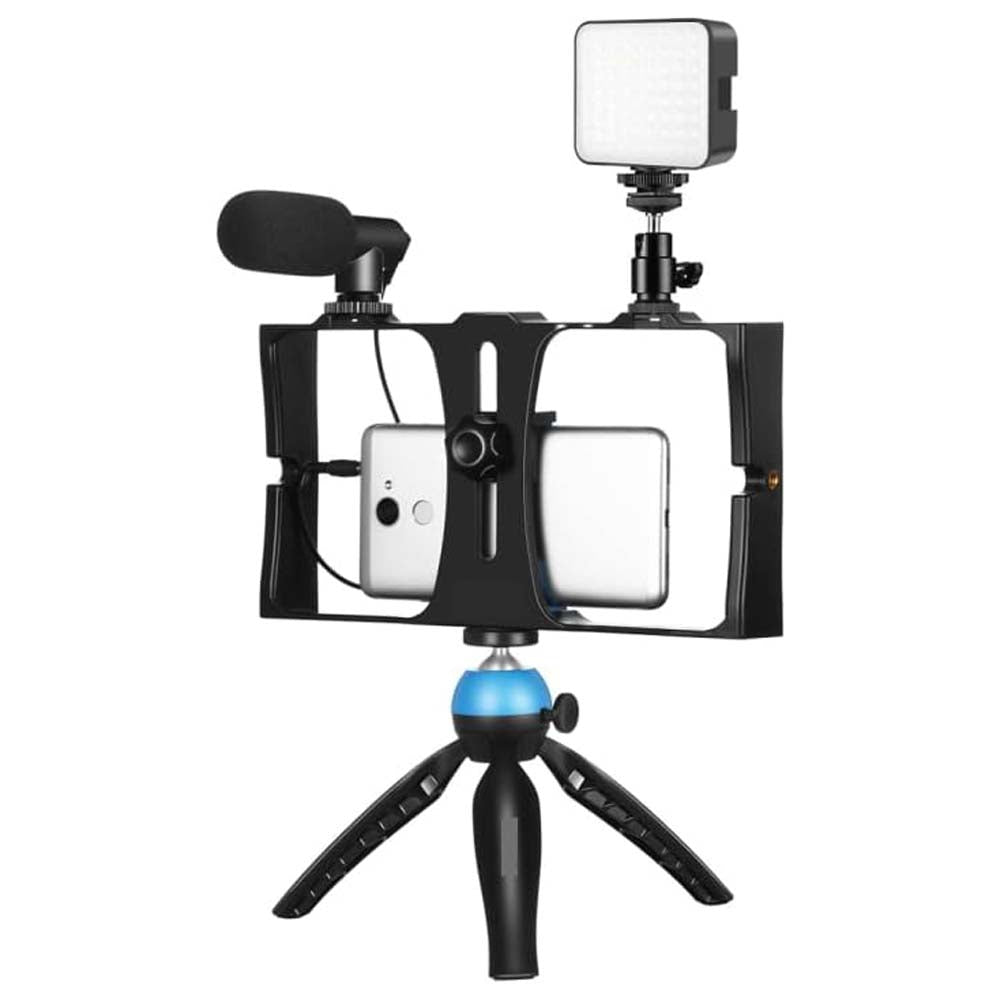 4-in-1 Vlogging LED Selfie Kit – LED Light, Microphone, Tripod & Cold Shoe for Smartphones