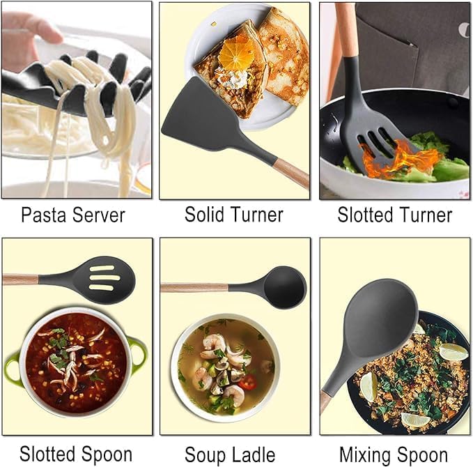 19-Piece Silicone Cooking Utensils & Knife Set | Black Kitchen Tools with Knives, Cutting Board, & Storage Block