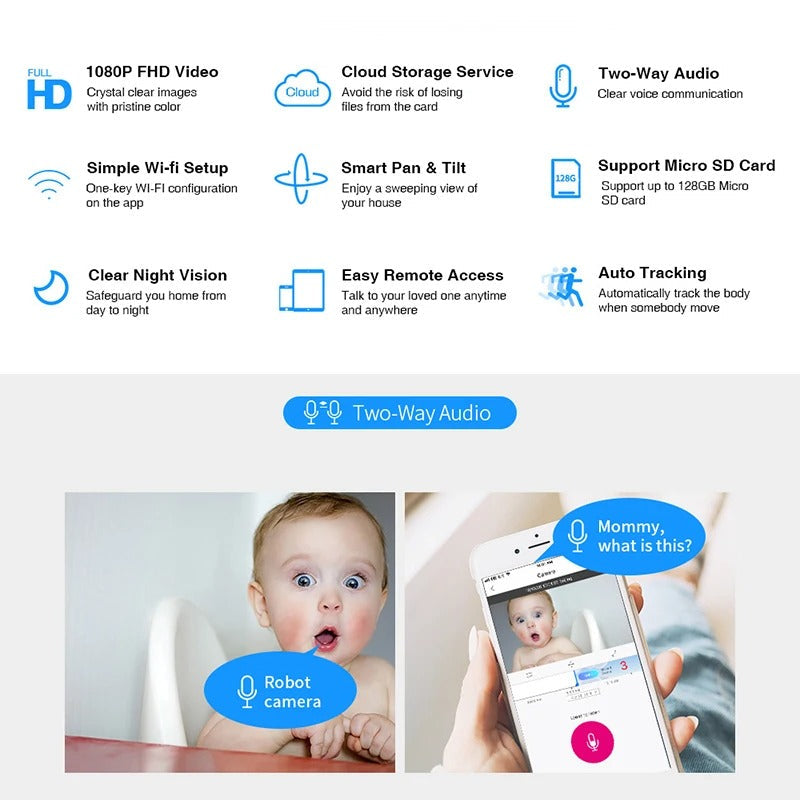 1080P Robot Camera | 360° WiFi Security Camera with Night Vision, Auto Tracking, and Baby Monitor Features