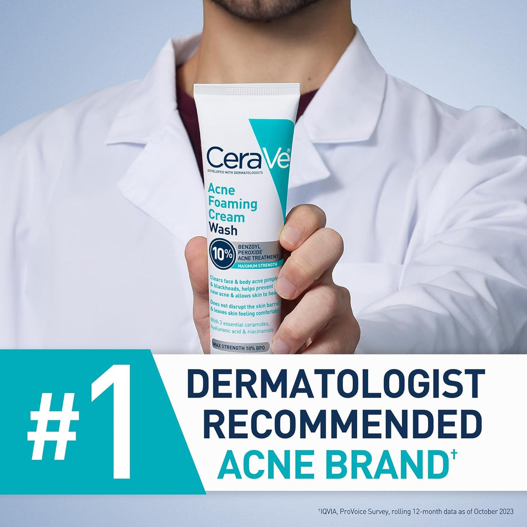 CeraVe Acne Foaming Cream Wash with 10% Benzoyl Peroxide. Treats breakouts on face & body, gentle with Niacinamide & Hyaluronic Acid.