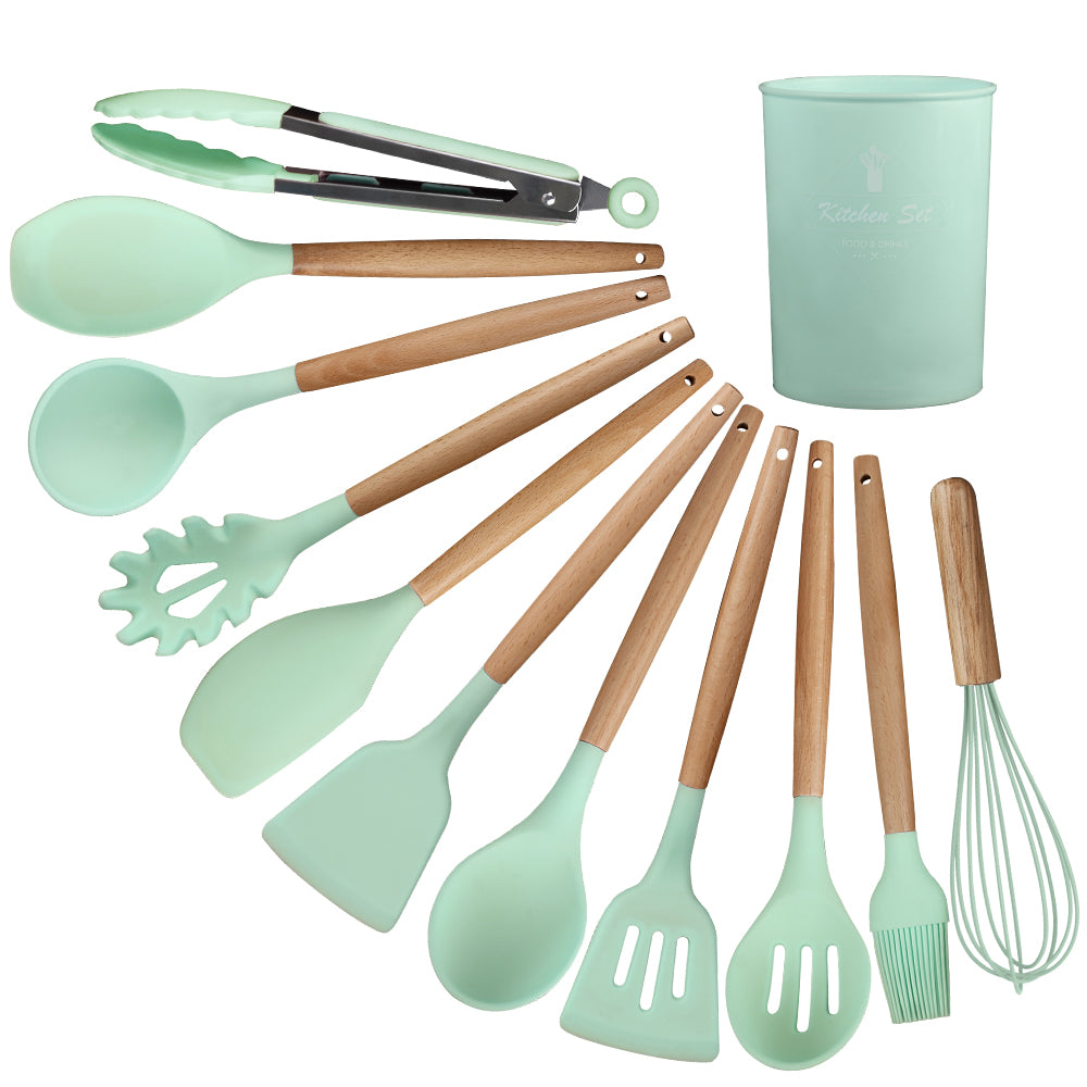 12-Piece Silicone Kitchen Set - Wooden Handles, Scratch-Resistant Baking Tools in Nylon Case, Perfect Home Kitchenware