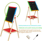 Kids Writing Board – Double-Sided Wooden Easel with Whiteboard, Chalkboard & Adjustable Height for Learning and Play