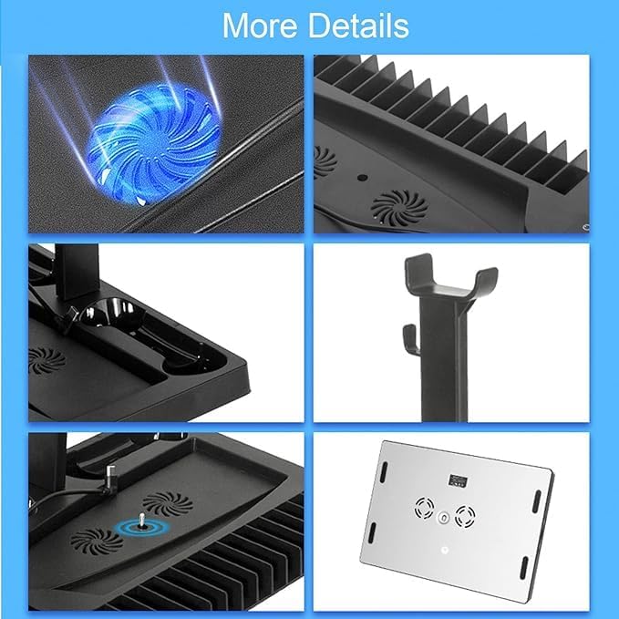 Vertical Stand Cooling Fan for PS5 – Dual Controller Charger with Game Disc Storage, Space-Saving Design, and Efficient Cooling System