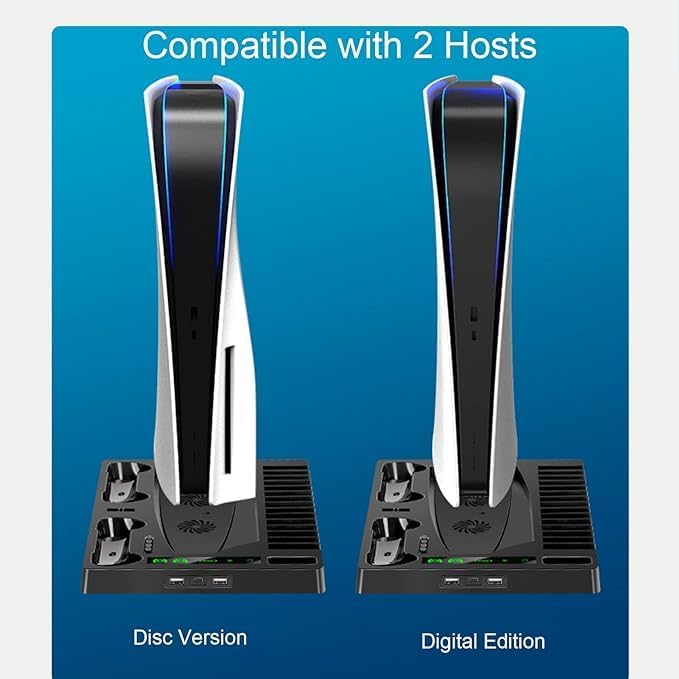 Vertical Stand Cooling Fan for PS5 – Dual Controller Charger with Game Disc Storage, Space-Saving Design, and Efficient Cooling System