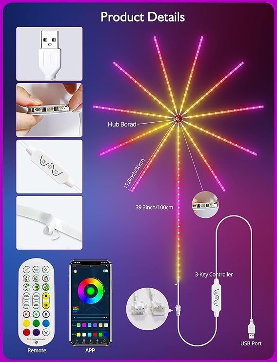 Smart Firework LED Lights | USB Powered Room Decor with Color Changing Fireworks & RGB Strip | Remote & App Control