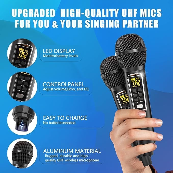 Karaoke Machine – Bluetooth Speaker, UHF Wireless Mics & Disco Ball Lights for Ultimate Party Fun