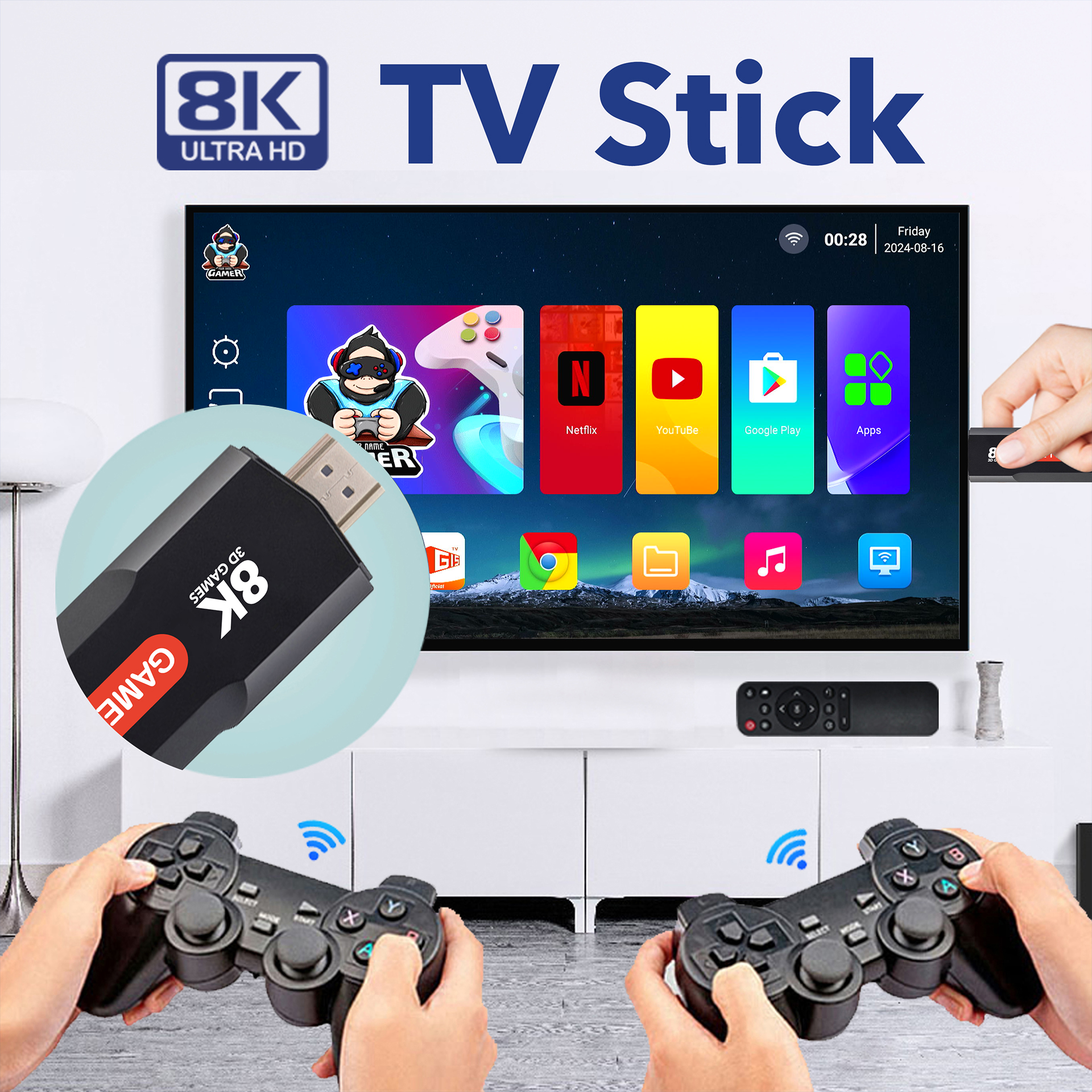 Q9 Video Game Stick | Android 5G 8K TV Box Dual System | 2.4G Dual Wireless Controllers | Gaming & Entertainment Hub