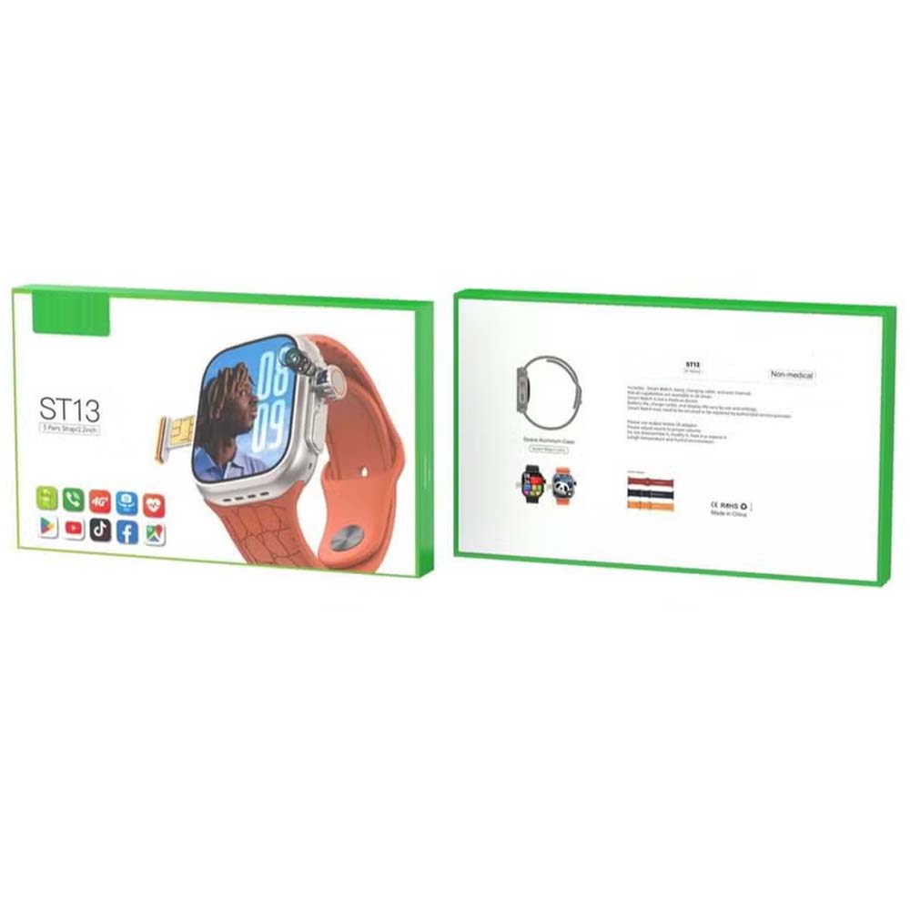 ST13 Smart Watch: 2.2" full-screen display, 4G SIM support, 3 straps & wireless charger. Unisex black design for ladies & gents.