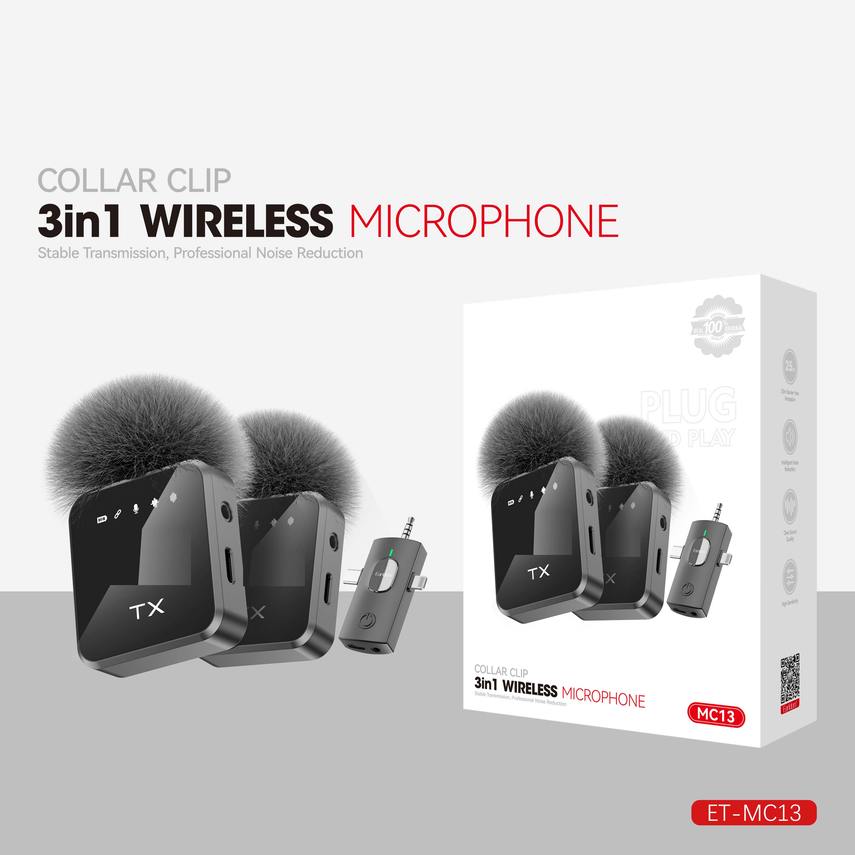 3-in-1 Lavalier Wireless Microphone – 2pcs Wireless Mic Compatible with iPhone, iPad, and Android | Perfect for Video Recording, Gaming, Live Streaming, and Podcasts