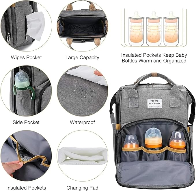 Diaper Bag Backpack – Waterproof and Stylish Multifunctional Travel Baby Bag with Insulated Pockets, Changing Pad, and Hands-Free Design for Parents