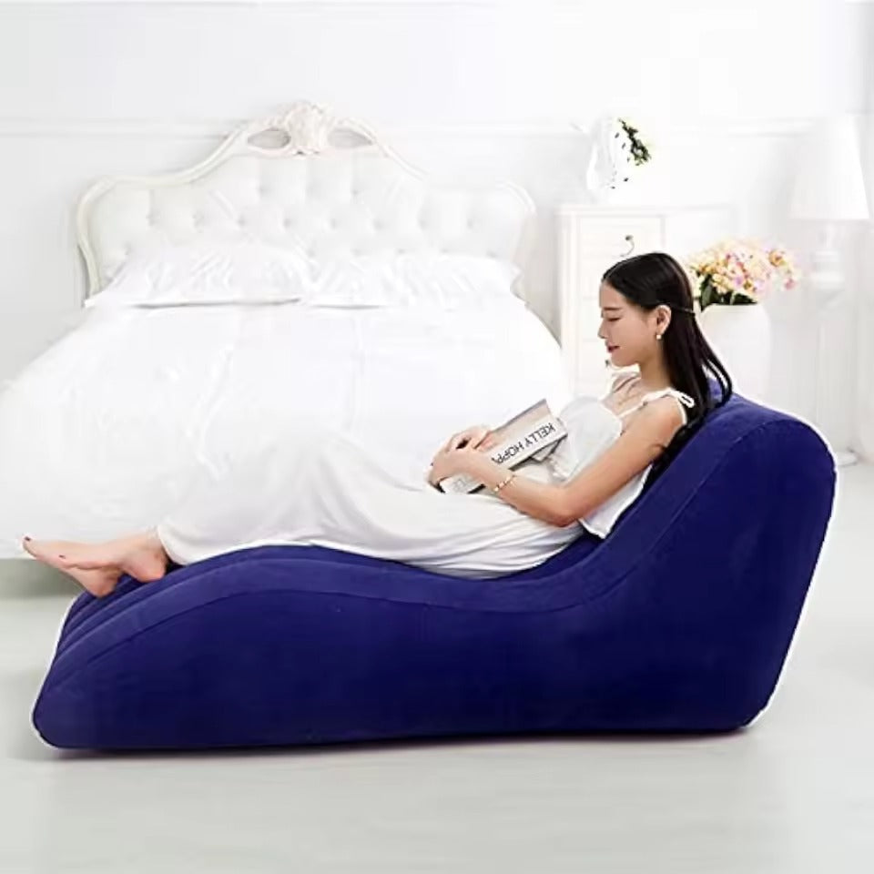 Folding Portable Inflatable Recliner Sofa – S-Type Flocking Lounge Chair with Foot Air Pump for Indoor Living Room & Outdoor Relaxation (Blue)