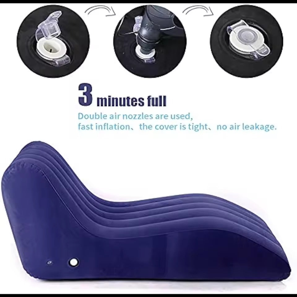 Folding Portable Inflatable Recliner Sofa – S-Type Flocking Lounge Chair with Foot Air Pump for Indoor Living Room & Outdoor Relaxation (Blue)